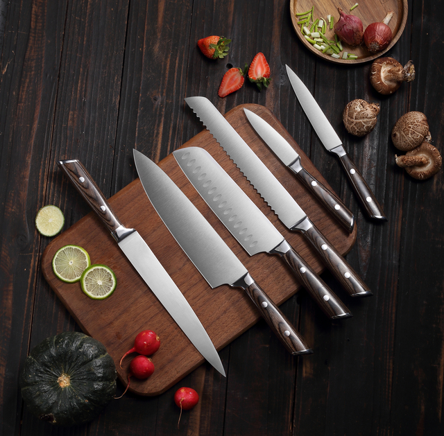 Σετ μαχαιριών κουζίνας 6 τεμαχίων 3Cr13 από ανοξείδωτο ατσάλι - Ξύλινη λαβή Pakka με ατσάλι