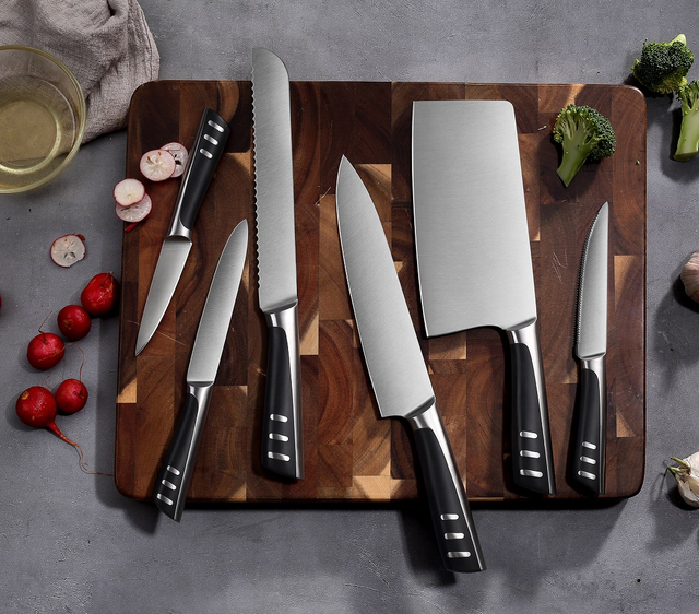 พรีเมี่ยมมืออาชีพ 6 ชิ้นชุดมีดครัวเชฟ 3Cr13Mov สแตนเลสทนทาน 430 ABS ด้ามจับสีดำ