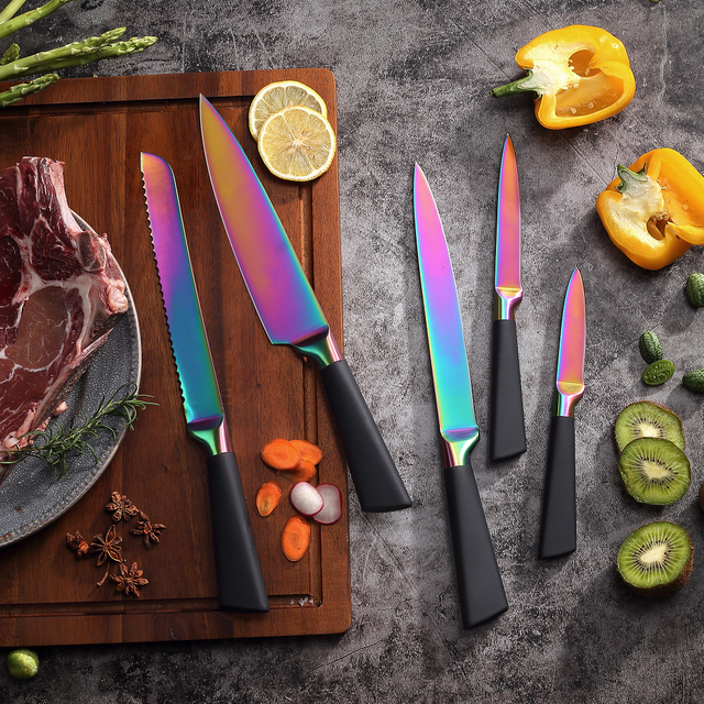 5 ชิ้นไทเทเนียมเคลือบครัวชุดมีดเชฟสแตนเลสมีดทำอาหาร