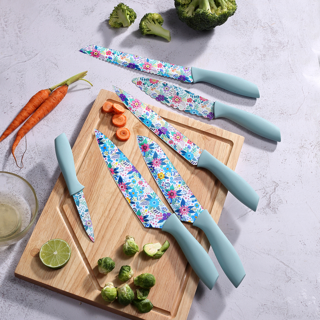 Conjunto de facas de cozinha com revestimento antiaderente - cabo PP + TPR colorido de 5 unidades