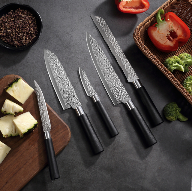 ባለ 5-ቁራጭ መዶሻ የወጥ ቤት ቢላዋ አዘጋጅ - ጥቁር ፒፒ መያዣ አይዝጌ ብረት ቢላዎች