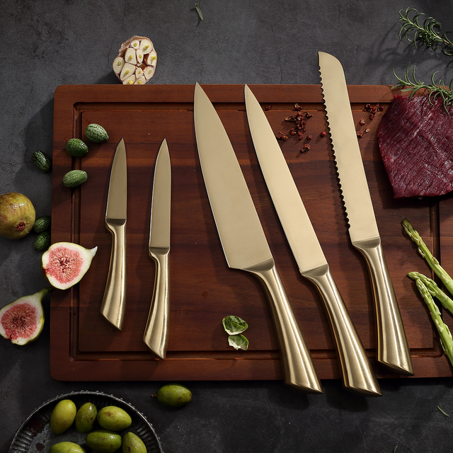 5 комада златни сет ножева од угљеничног челика од нерђајућег челика са шупљом ручком